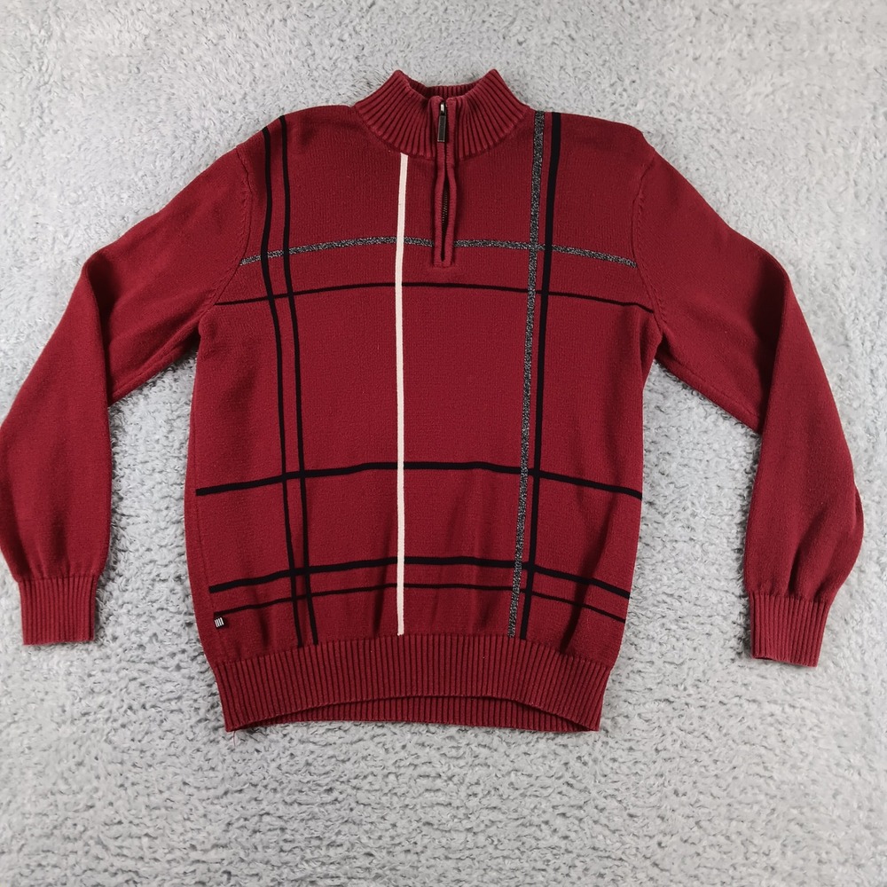 Geoffrey Beene Mens Wine Red Windowpane Plaid 1/4 Zip Cotton Sweater G5F18034‎ M
